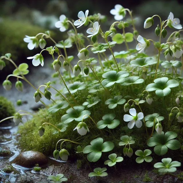 DALL·E 2024-10-16 18.48.05 - A detailed image of Bacopa monnieri (also known as Brahmi), a small creeping herb. It has green oval-shaped leaves with delicate, light-colored flower.webp