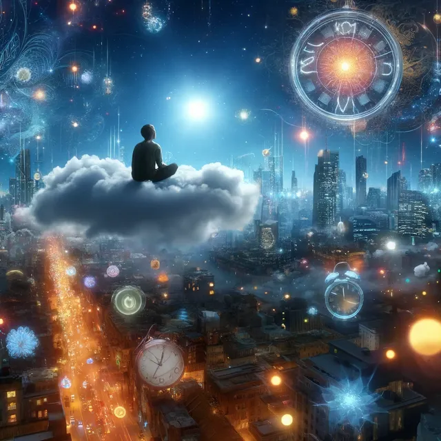 DALL·E 2024-05-01 18.35.56 - A surreal digital artwork of a person sitting on a cloud above a vibrant city at night, symbolizing lucid dreaming. The scene is filled with glowing l.webp