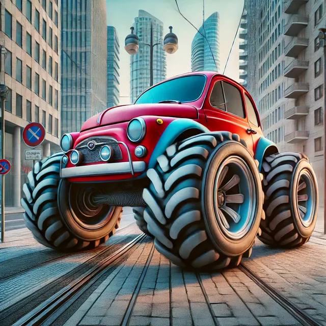 a car with oversized front tires and small rear tires, parked on a city street. The car has a quirky, cartoonish desig.webp