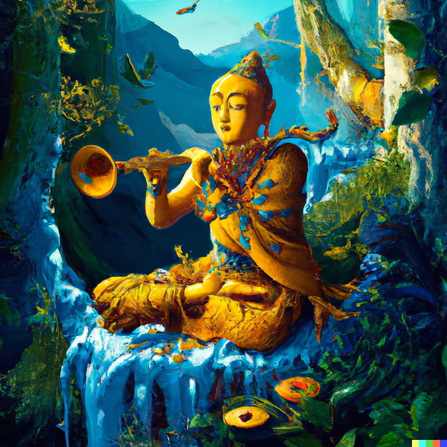 DALL·E 2022-10-11 11.38.17 - a buddha in a forest playing a flute with gold and turquoise on a mountain meditating, digital art .png