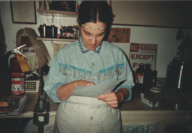 2001-10-31 Halloween Indian Marilyn Mitchell at Mary's Kitchen.png