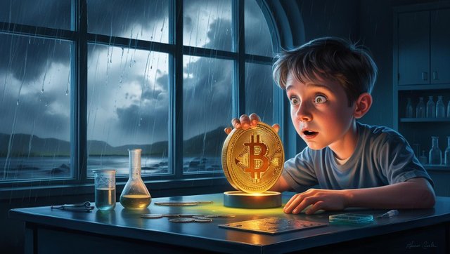 Make an image for a boy whose age is 10-12  years. He is in the lab room. Rain is falling outside.a strange metal coin in front of his table. a strange lights come out from the coin. room become extra ordinary atmos.jpg