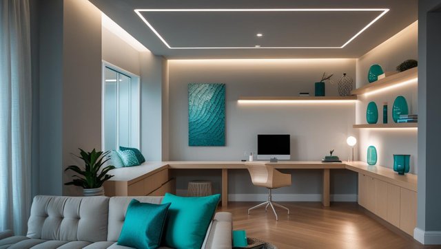 A modern home or office interior featuring energy-efficient LED lighting — such as recessed ceiling lights, pendant lights, or smart bulbs. The environment should feel bright, clean, and contemporary, with a focus .jpg