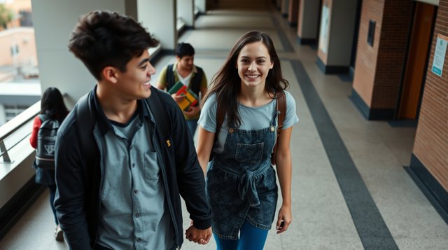 High-angle candid street photograph Two university classmates, a boy and a girl with light skin and dark hair, holding hands in a university hallway.  Urban setting, spontaneous moment, b.jpg