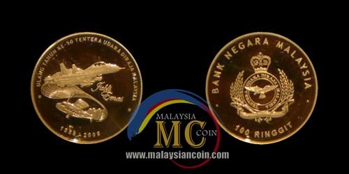 Duit syiling peringatan 100 Ringgit Emas Pruf Ulang Tahun Ke-50 penubuhan Tentera Udara Diraja Malaysia (TUDM).jpg