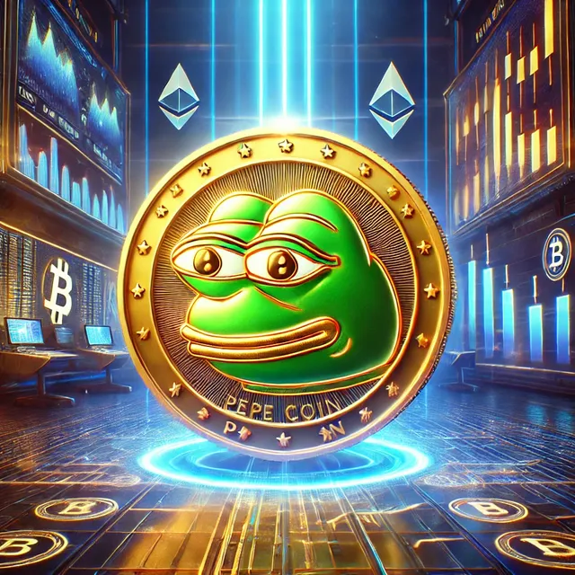 DALL·E 2025-01-23 14.53.54 - A creative and vibrant digital representation of a fictional cryptocurrency called 'Pepe Coin.' The design features a shiny gold coin with the face of.webp