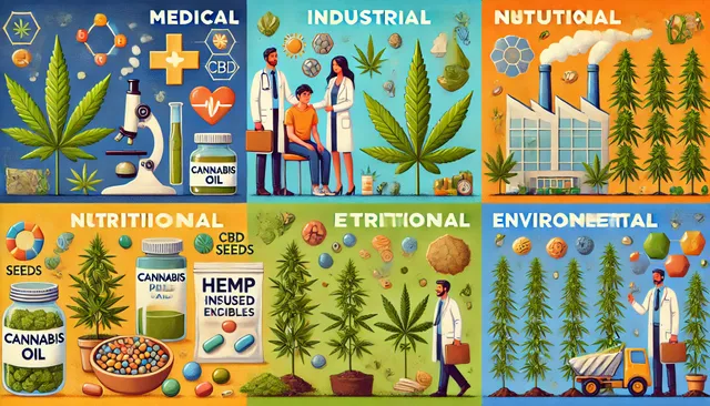 DALL·E 2024-07-28 19.39.58 - An illustration showing the diverse use cases of marijuana. The image is divided into four sections_ medical, industrial, nutritional, and environment.webp