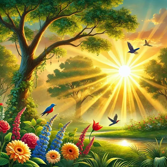 DALL·E 2024-12-23 09.02.18 - A serene morning scene with the golden rays of the rising sun streaming through lush green trees. Birds are perched and singing, and colorful flowers .webp