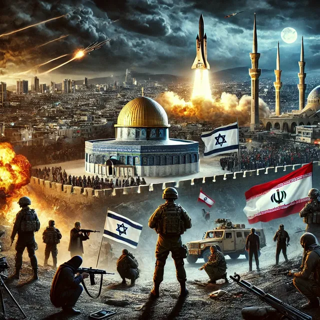 DALL·E 2024-07-31 20.35.44 - A digital illustration depicting the escalating tensions in the Middle East. The image shows a dramatic, tense scene with key elements such as militar.webp