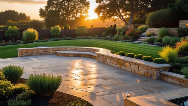 “A stylish Sonoma County backyard featuring hardscaping elements like stone patios, retaining walls, paver walkways, and built-in seating. Surrounded by natural landscaping, with soft lighting and a clean, modern o.jpg