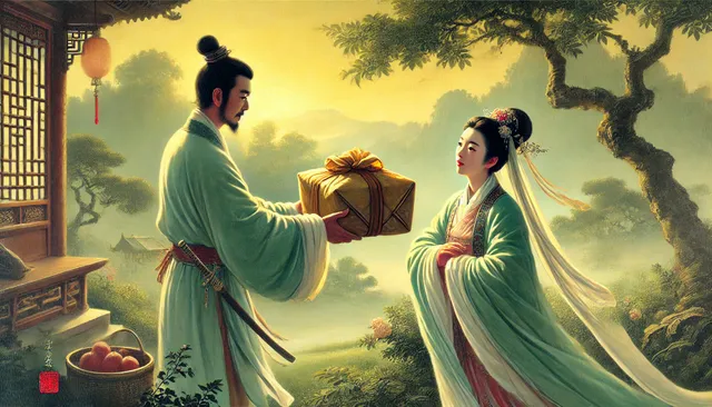 DALL·E 2024-09-26 04.29.00 - A traditional Chinese painting in Qing green landscape and gongbi style, depicting the servant holding out the wrapped bundle of treasure to the woman.webp