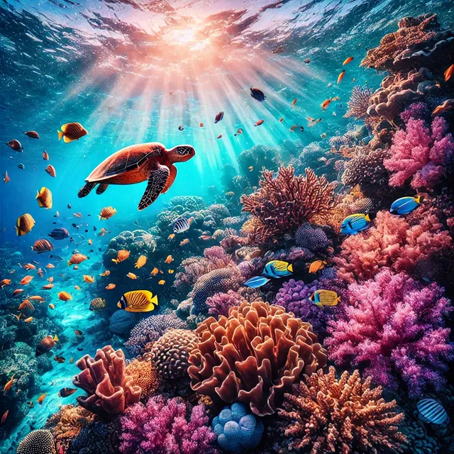 DALL·E 2025-01-03 09.04.19 - A breathtaking underwater view of the Great Barrier Reef in Australia, showcasing vibrant coral formations in shades of pink, purple, and gold. School.webp