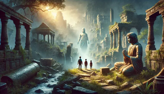 DALL·E 2025-01-03 01.16.17 - A captivating and mysterious image depicting a scene where Rahul, a young boy, along with his two friends, discovers the ruins of an ancient city that.webp