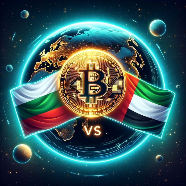 Consulting24.co Lithuania vs Dubai crypto license Illustration featuring a backdrop of Earth and the Bitcoin logo glowing in space. In the foreground, mid-sized flags of Lithuania and Dubai (UAE) are .png