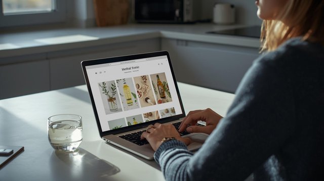 A photorealistic image of a person sitting at a kitchen table with a laptop open to an online shop page displaying herbal drinks. On the table is a small glass bottle of tonic with condensation, next to a glass of .jpg