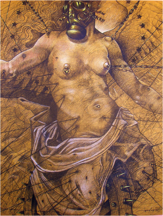 De la Serie Iconografia inventada `Un martirio para la fortuna en el siglo XXI`, Mixta-Carton, 120 x 100 cms, 2009..png