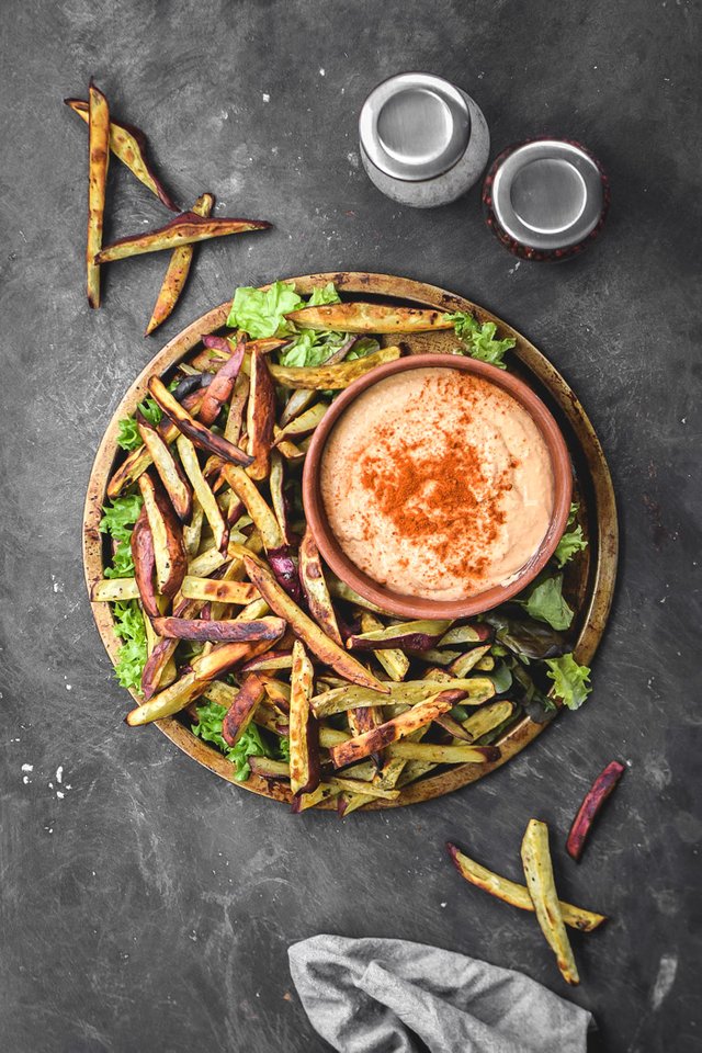 Baked Yam or Sweet Potato Fries with Sriracha Hummus (Vegan + GF).jpg