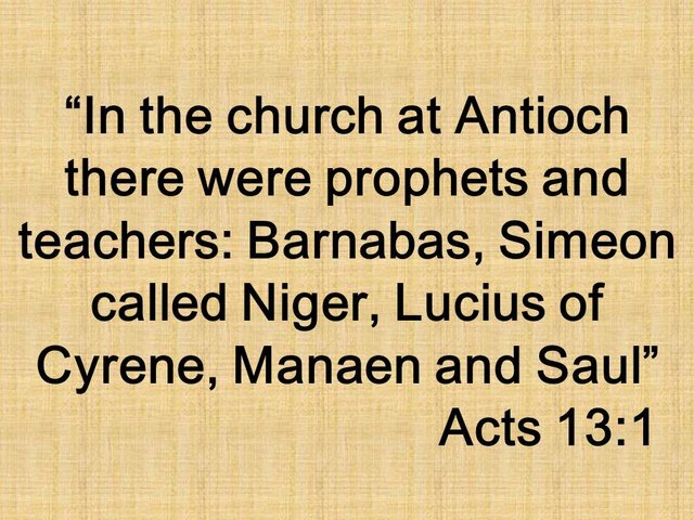 Charisms in the early christianity. In the church at Antioch there were prophets and teachers, Barnabas called Niger, Lucius of Cyrene, Manaen and Saul. Acts 13,1.jpg