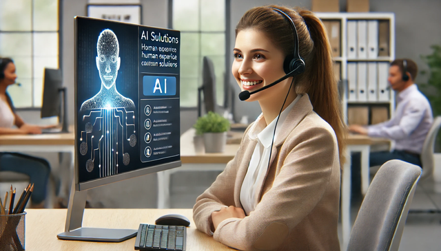 A friendly female customer service agent wearing a headset, speaking to a customer in a professional call center. A computer screen next to her displays AI-generated suggestions and solutions, showcasing the combination of human expertise and AI support in resolving complex issues. The background features a modern office setup with subtle tech-focused elements.