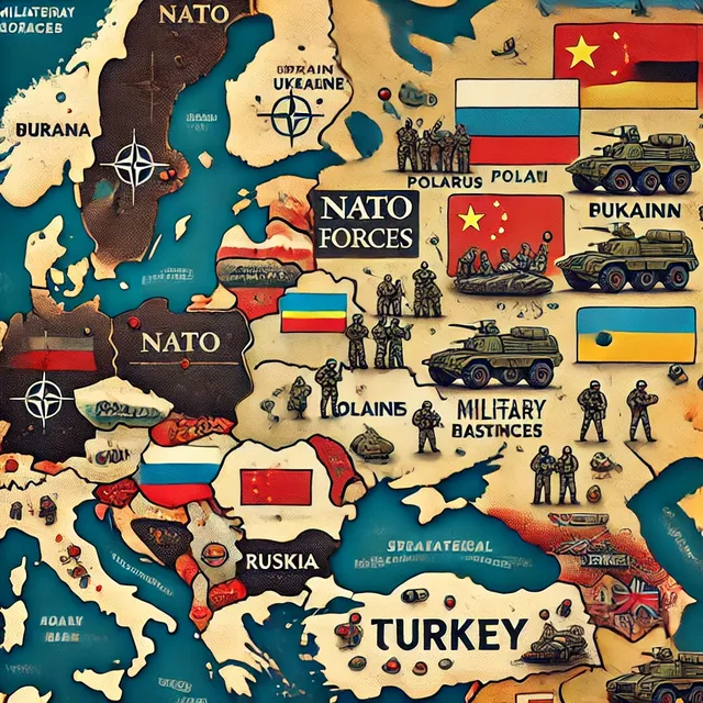 DALL·E 2024-07-18 05.50.14 - A detailed map showing Europe and Asia with strategic highlights. NATO forces are represented in Belarus, with military exercises near the Polish bord.webp