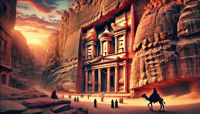 DALL·E 2025-01-15 08.58.49 - A stunning view of Petra in Jordan, featuring the iconic Treasury (Al-Khazneh) bathed in golden sunlight. The intricate sandstone carvings are illumin.webp