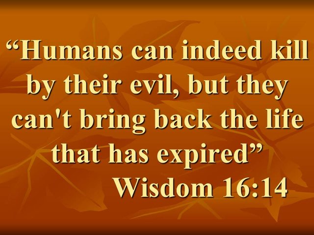 Fear God and not men. Humans can indeed kill by their evil, but they can't bring back the life that has expired. Wisdom 16,14.jpg