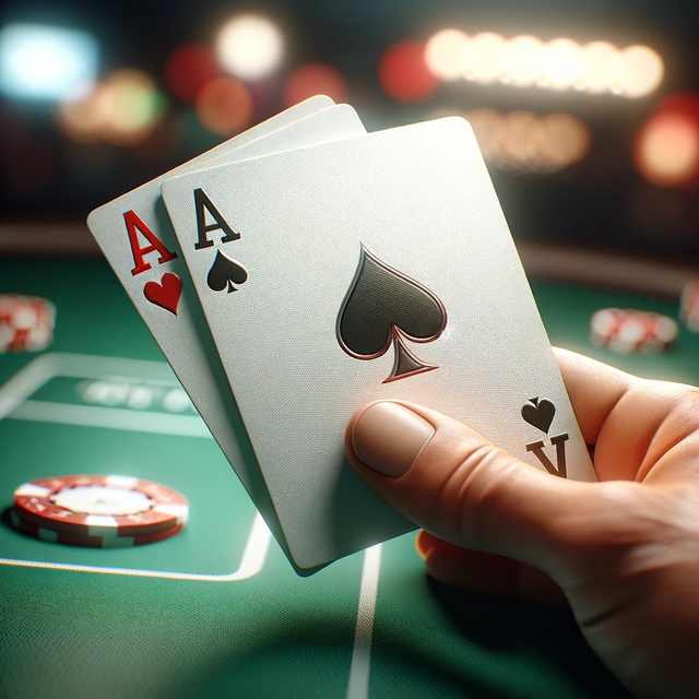 DALL·E 2023-12-14 10.28.03 - A realistic image of a poker hand showcasing a pair of Aces. The hand is laid out on a green poker table. The pair consists of two Ace cards, one of s.png