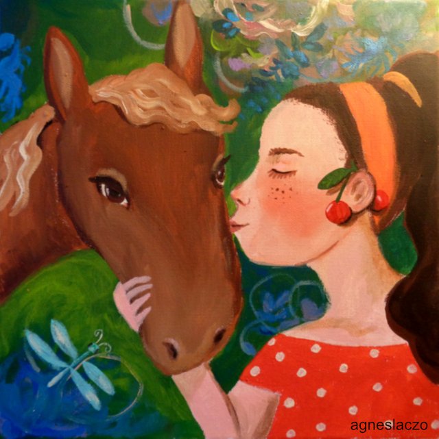 agnes laczo art original painting summer beautiful colorful girl horse animal fun.jpg