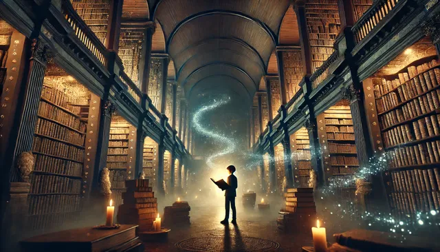 DALL·E 2025-02-19 02.36.24 - A mysterious old library with towering bookshelves filled with ancient books. The atmosphere is dimly lit with a few flickering candles casting eerie .webp