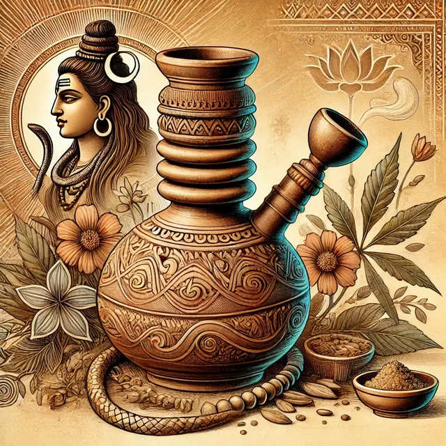 DALL·E 2024-07-22 05.47.24 - A detailed illustration of a traditional mud bong (chillum) used by Shiva devotees. The bong is made of clay, with intricate designs and patterns. It .webp