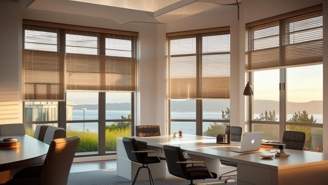 A modern Bay Area home and office interior with large windows featuring motorized smart blinds partially open to allow natural light. Emphasize energy efficiency with bright, clean spaces and sleek, contemporary de.jpg