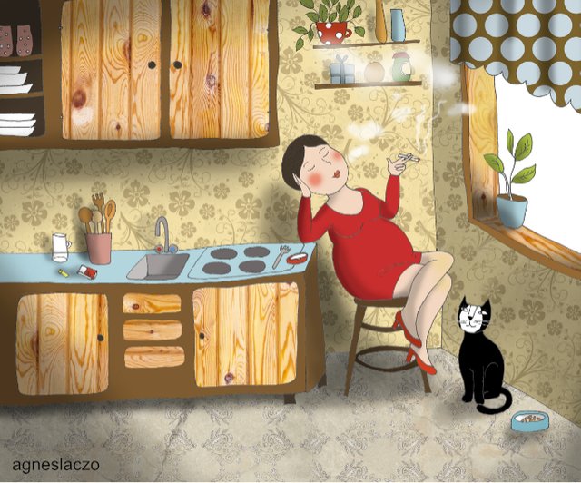 agnes laczo art print illustration funny cat woman in red dress smoking.jpg