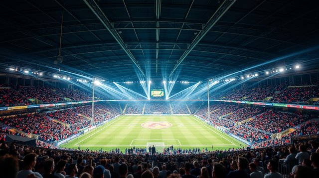 A high-angle perspective of a vibrant, brightly lit indoor seven-a-side soccer arena filled with spectators, featuring intense light streaks and an elevated viewpoint.jpg