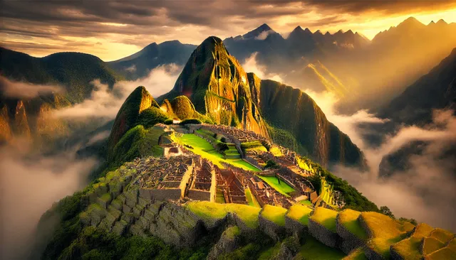 DALL·E 2025-01-14 09.02.12 - A majestic view of Machu Picchu during sunrise, showcasing the ancient Inca ruins bathed in golden light and surrounded by mist-covered Andes Mountain.webp