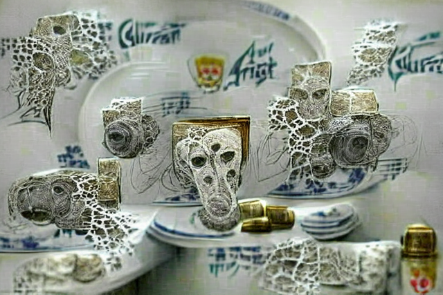 White skulls on a numerous cracked plates with filigree in a stark white room Filigree Art Gun Art Art Brut Cubism Mesoamerican Art-1.png