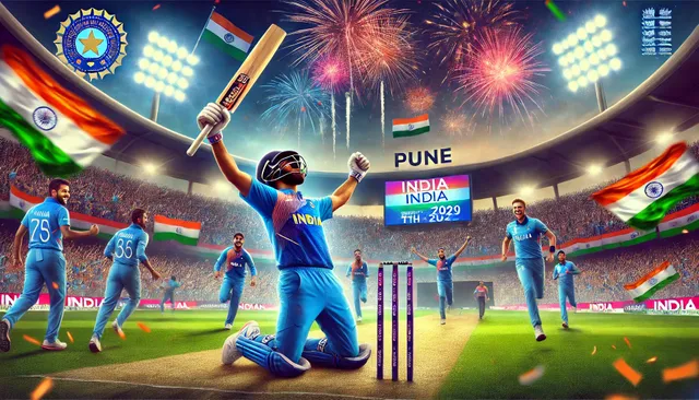 DALL·E 2025-01-31 23.44.19 - A breathtaking and dynamic digital painting of India's thrilling victory against England in the fourth T20 match at Pune. The image captures an Indian.webp