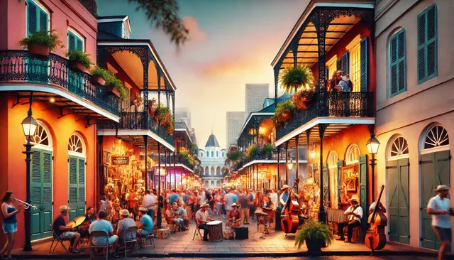 DALL·E 2024-12-24 08.48.51 - A lively street scene in the French Quarter of New Orleans, featuring vibrant colonial buildings with intricate ironwork balconies, street performers,.webp