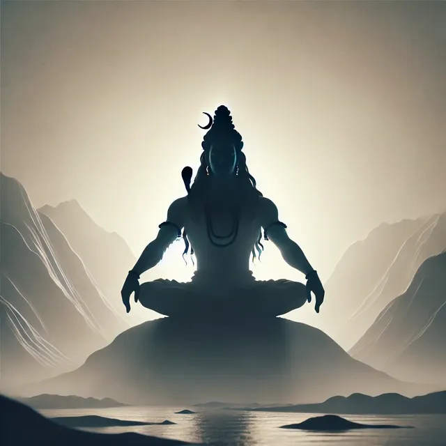 DALL·E 2024-09-18 19.33.44 - A shadowy silhouette of Lord Shiva meditating in a peaceful and serene environment. Shiva is shown seated in the traditional lotus pose, with eyes clo.webp