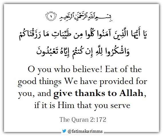 O you who believe! Eat of the good things We have provided for you, and give thanks to Allah, if it is Him that you serve.jpeg