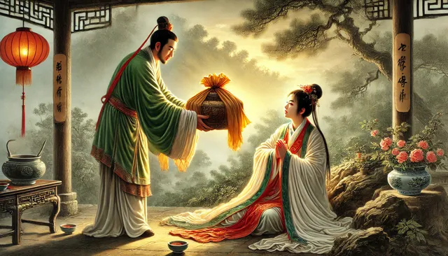 DALL·E 2024-09-26 04.28.40 - A traditional Chinese painting in Qing green landscape and gongbi style, depicting the servant offering a wrapped bundle of treasure to the woman, who.webp