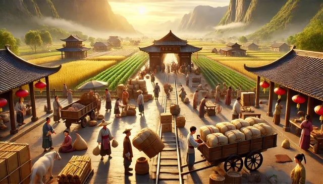 DALL·E 2024-09-09 07.08.21 - A highly detailed 3D image in Pixar animation style, set in ancient China. The scene shows a newly established way station at the foot of the mountain.webp