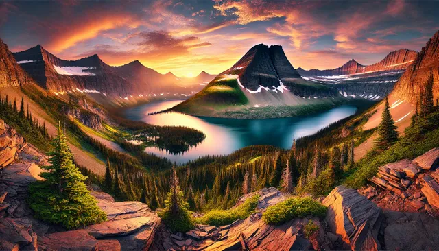 DALL·E 2025-01-07 13.47.36 - A stunning panoramic view of Glacier National Park at sunrise, featuring rugged mountains, a pristine glacial lake reflecting the golden hues of the s.webp