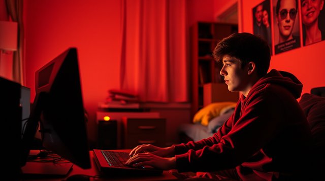 Two nerdy twenty-year-old guys playing on a university dorm room computer illuminated by warm contrasting chiaroscuro lighting. Strong contrasts, deep shadows, reds, oranges, and yellows.jpg