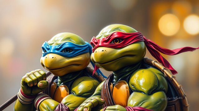 Oil painting depicting Teenage Mutant Ninja Turtles, utilizing a smooth gradient transition with a blurred bokeh effect, rich textures, visible brushstrokes, and sharp subject focus (1).jpg