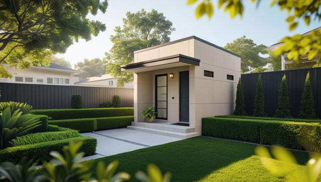 A modern backyard with a small, detached accessory dwelling unit (ADU) or guest house—clean architecture, neutral colors, and landscaped surroundings. Include clear visual cues that it's a secondary unit, like a se.jpg