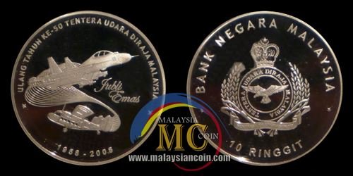 Duit syiling peringatan 10 Ringgit Perak Pruf Ulang Tahun Ke-50 penubuhan Tentera Udara Diraja Malaysia (TUDM).jpg