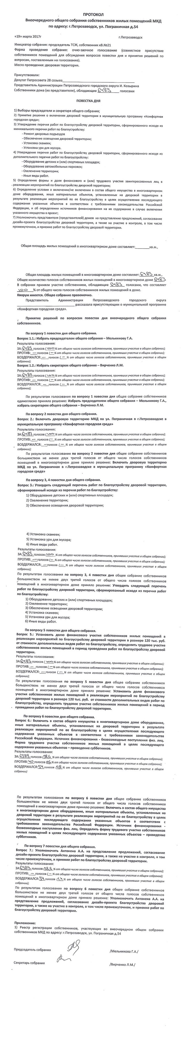 Пограничная 54 - поддельный протокол поступивший в Администрацию ПГО в 2018 году для участия в программе 2019 года