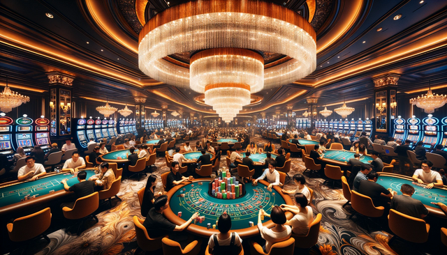 DALL·E 2023-10-27 19.27.27 - Photo of a lavish casino interior illuminated by dazzling chandeliers. Players of diverse descent and gender are engaged in various games like poker, .png