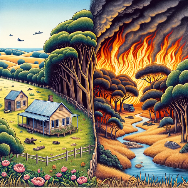 DALL·E 2024-01-15 19.55.39 - An illustration showing an idyllic Australian landscape with hidden flames and smoke in the background, representing the conspiracy theory of bushfire.png