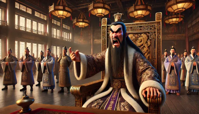 DALL·E 2024-09-05 04.39.26 - A highly detailed 3D image in Pixar animation style, set in ancient China. The scene shows an emperor seated on his throne in a grand royal court, his.webp